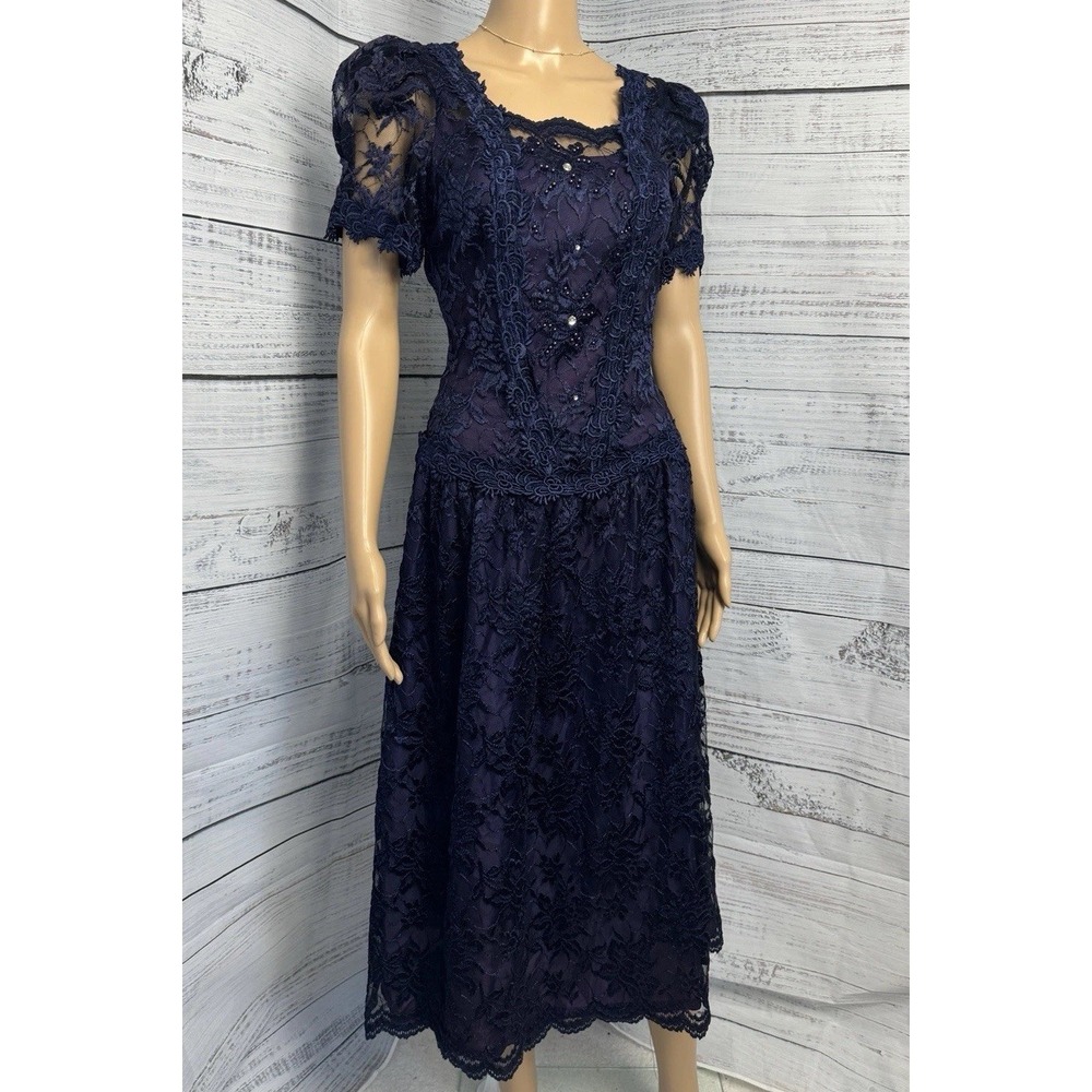 VTG Cachet by Bari Protas Lace Gown Sz 7/8 Purple Beaded Dress Goth Drop Waist